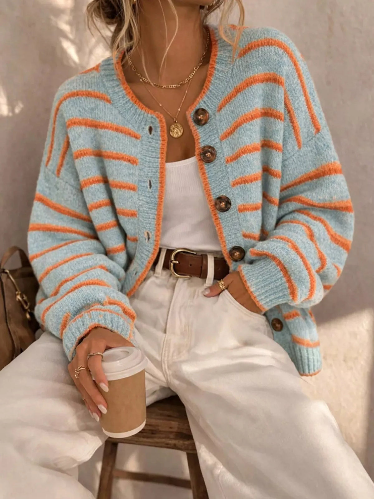 Striped Button-down Knit Cardigan (3)