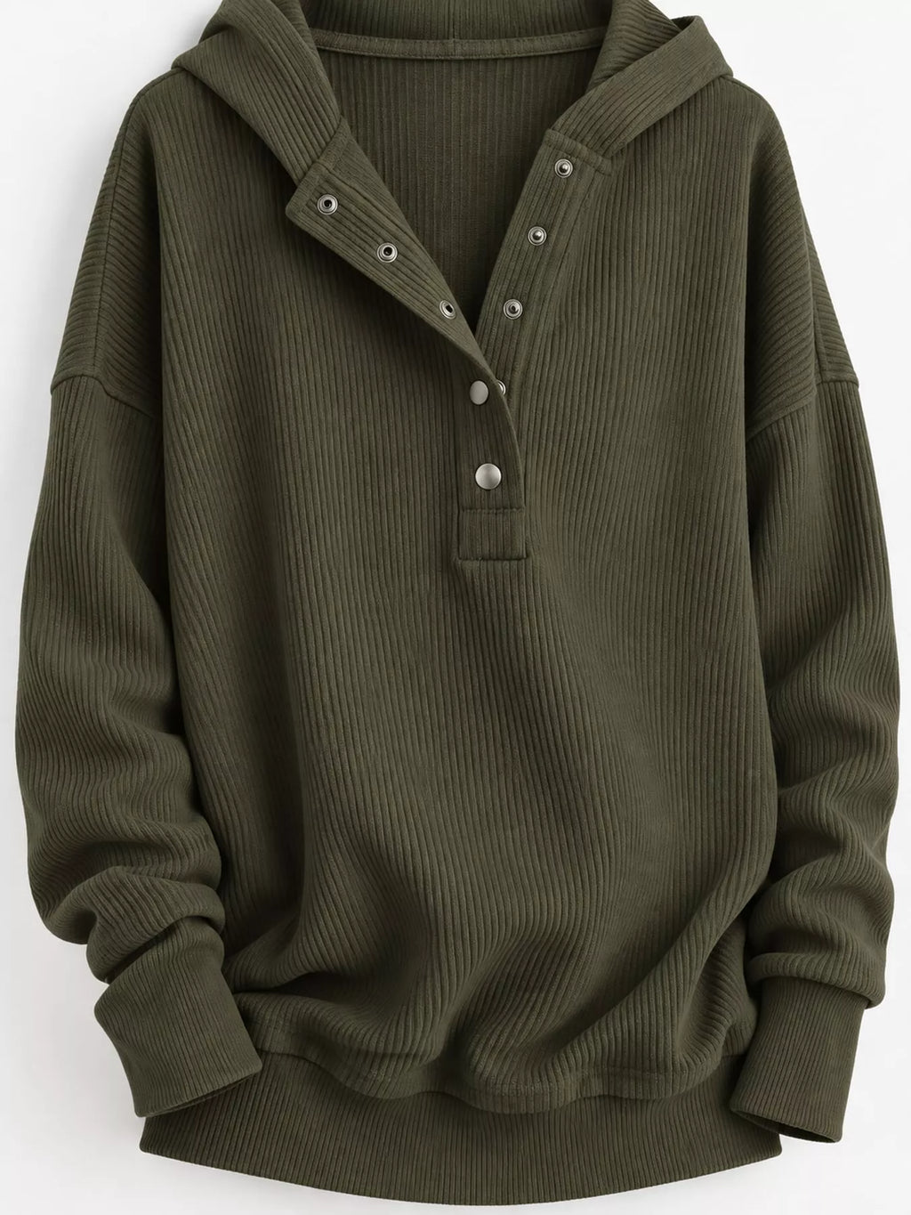 Full Size Snap Button Placket Dropped Shoulder Hoodie Plus (45)