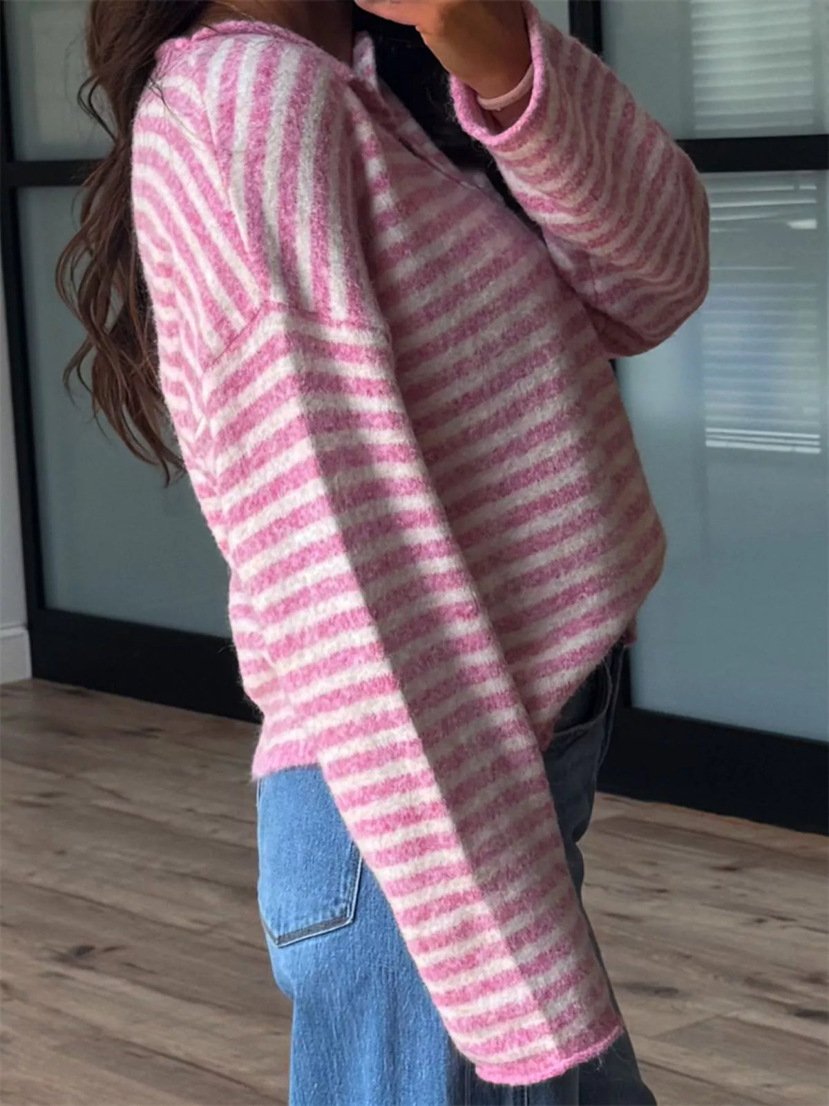 Button Detail Dropped Shoulder Striped Sweater (5)