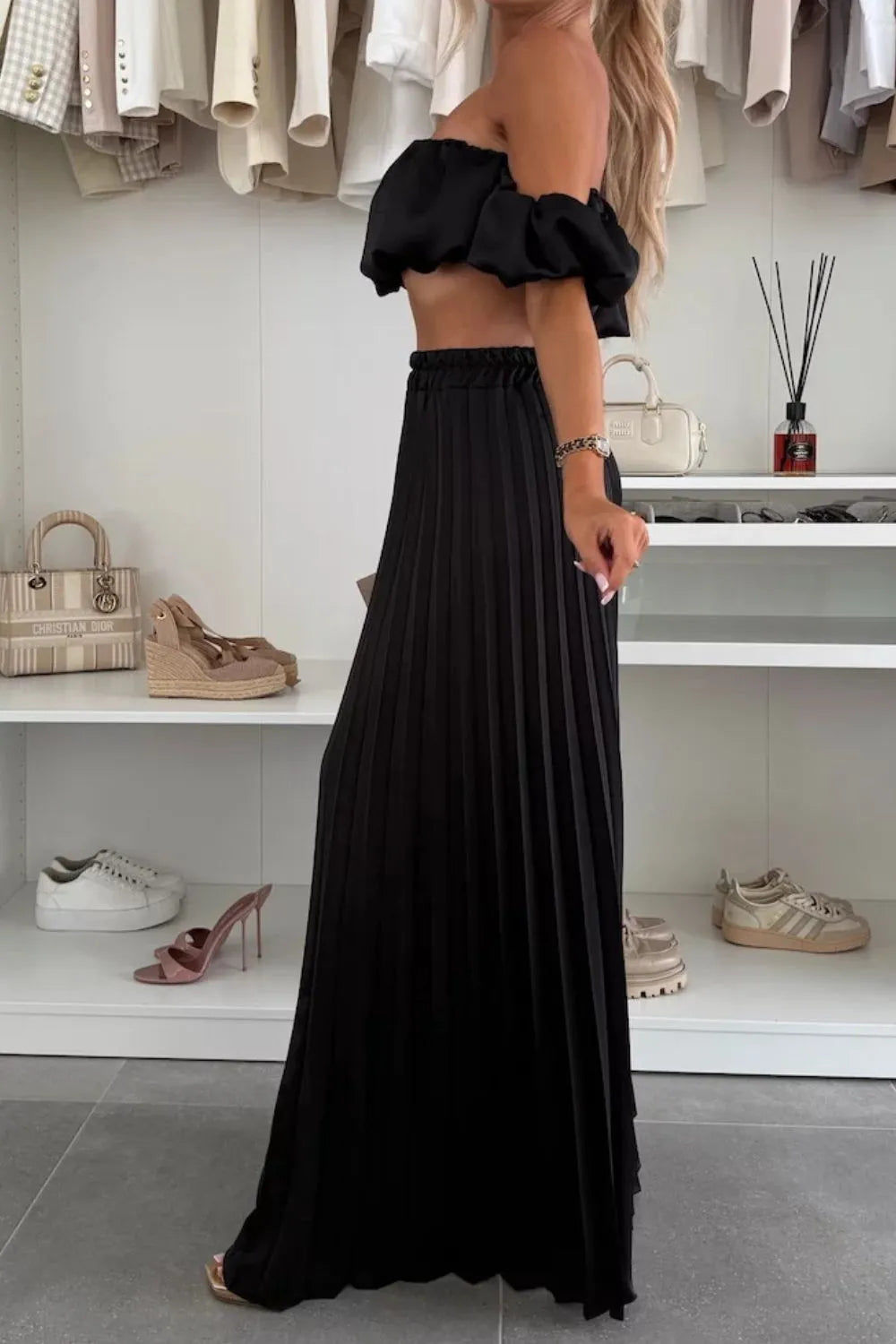 Off-shoulder Top Pleated Pants Set (9)
