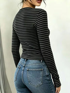 Long Sleeve Striped T-shirt Front Tie Detail (5)