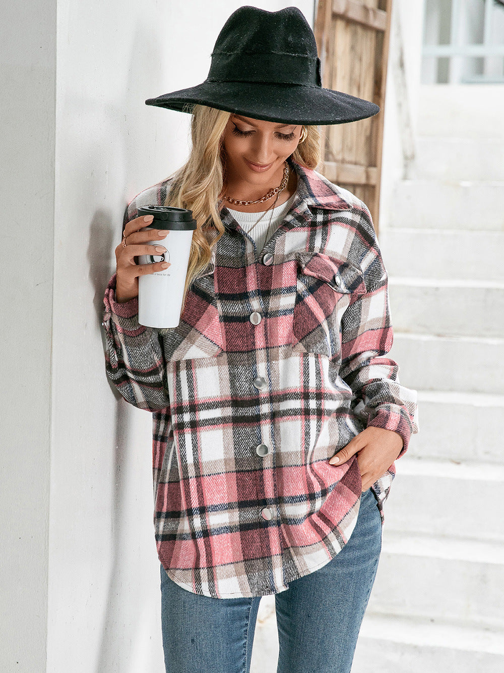Meet You Outside Plaid Button Down Curved Hem Shacket (8)