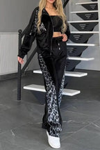 Full Size Collared Neck Leopard Zip Up Top Pants Set Plus (5)