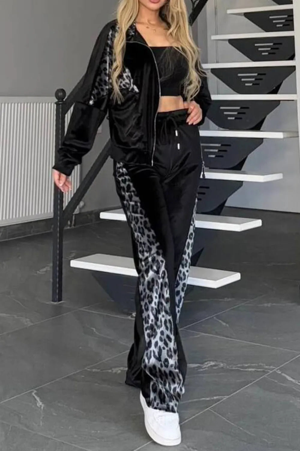 Full Size Collared Neck Leopard Zip Up Top Pants Set Plus (5)