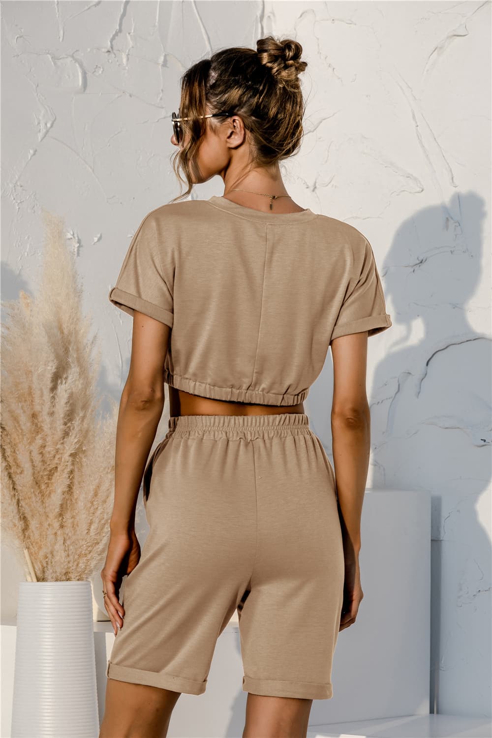 Short Sleeve Cropped Top Drawstring Shorts Lounge Set (9)