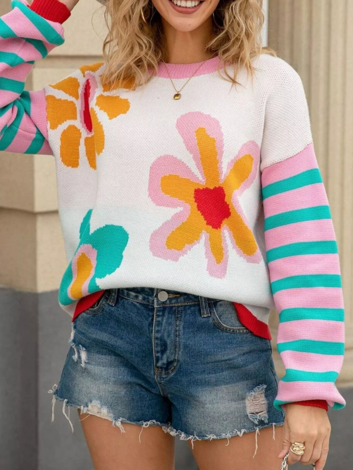 Floral Striped Crew Neck Sweater (2)
