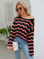 Round Neck Openwork Flare Sleeve Knit Top (15)