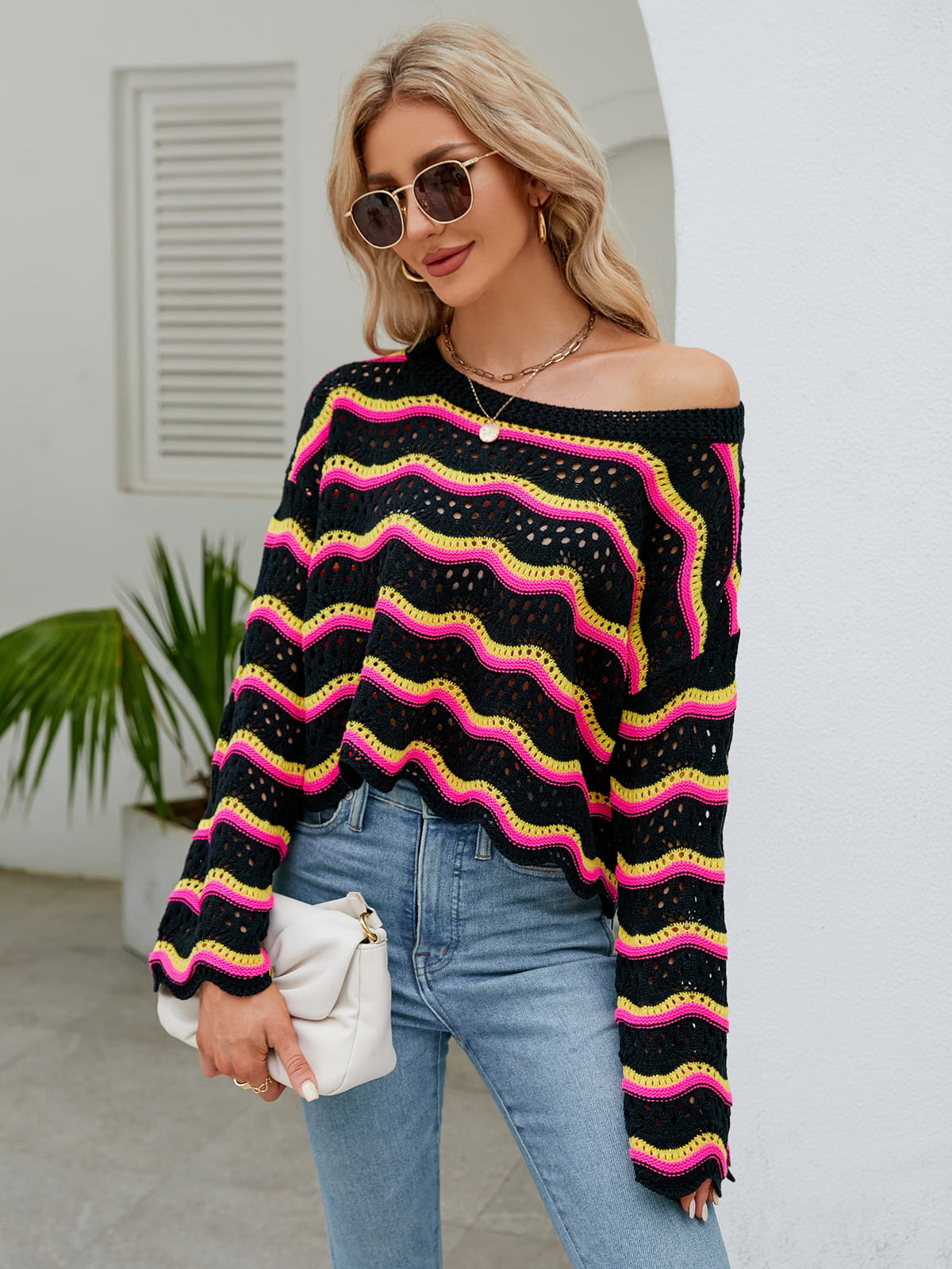 Round Neck Openwork Flare Sleeve Knit Top (15)