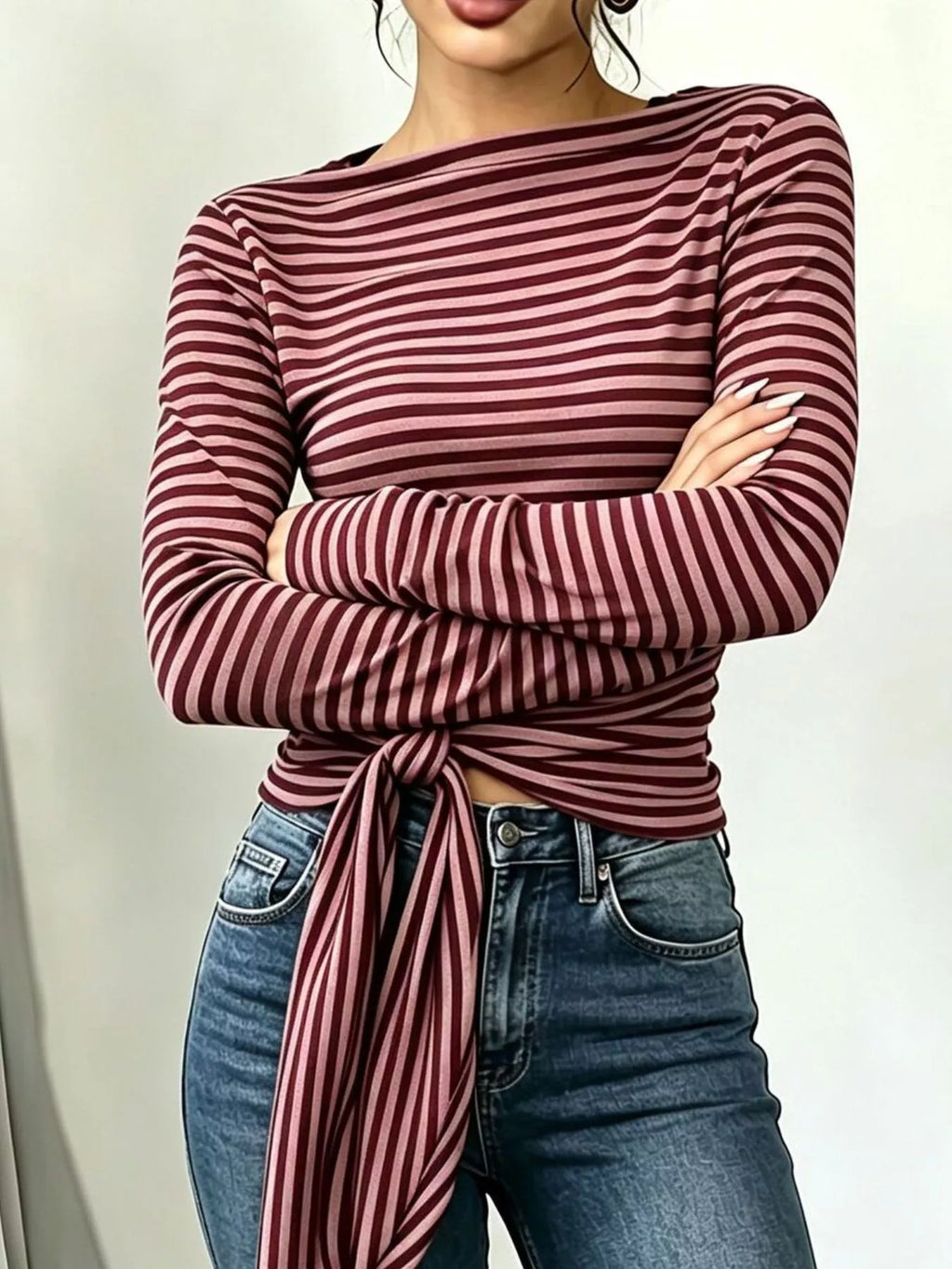 Long Sleeve Striped T-shirt Front Tie Detail (7)