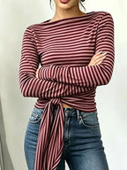 Long Sleeve Striped T-shirt Front Tie Detail (7)