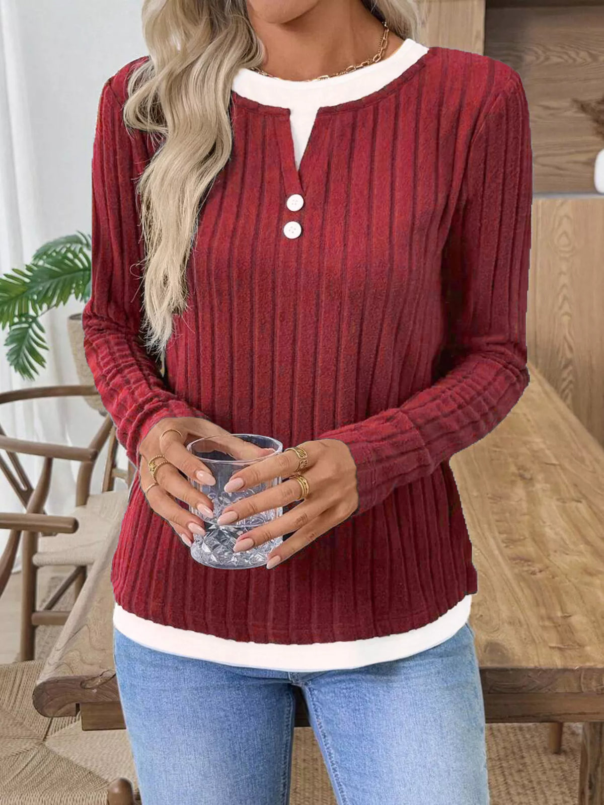 Ribbed Knit Button Detail Contrast Sweater (16)