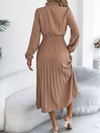 Smocked Pleated Tie Neck Dress (11)