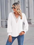 V-neck Eyelet Flounce Sleeve Blouse (5)