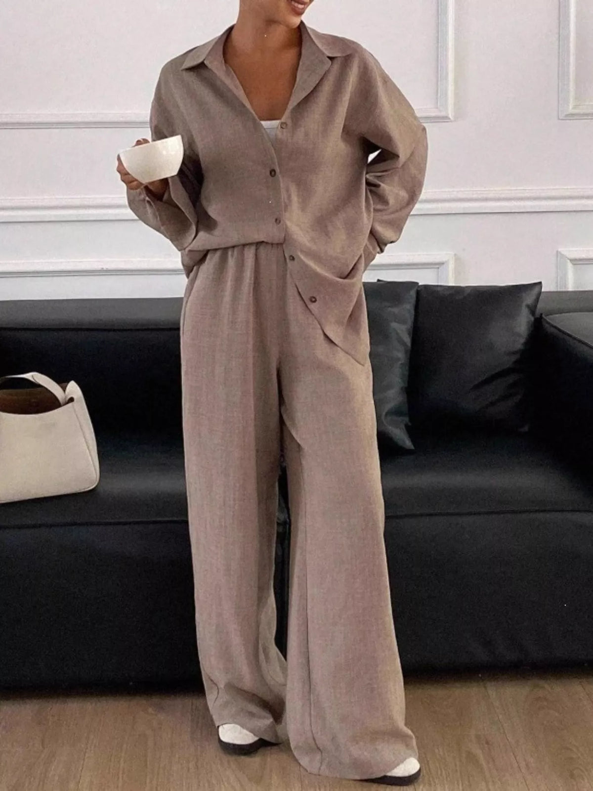 Button-down Shirt Wide-leg Pants Set (23)