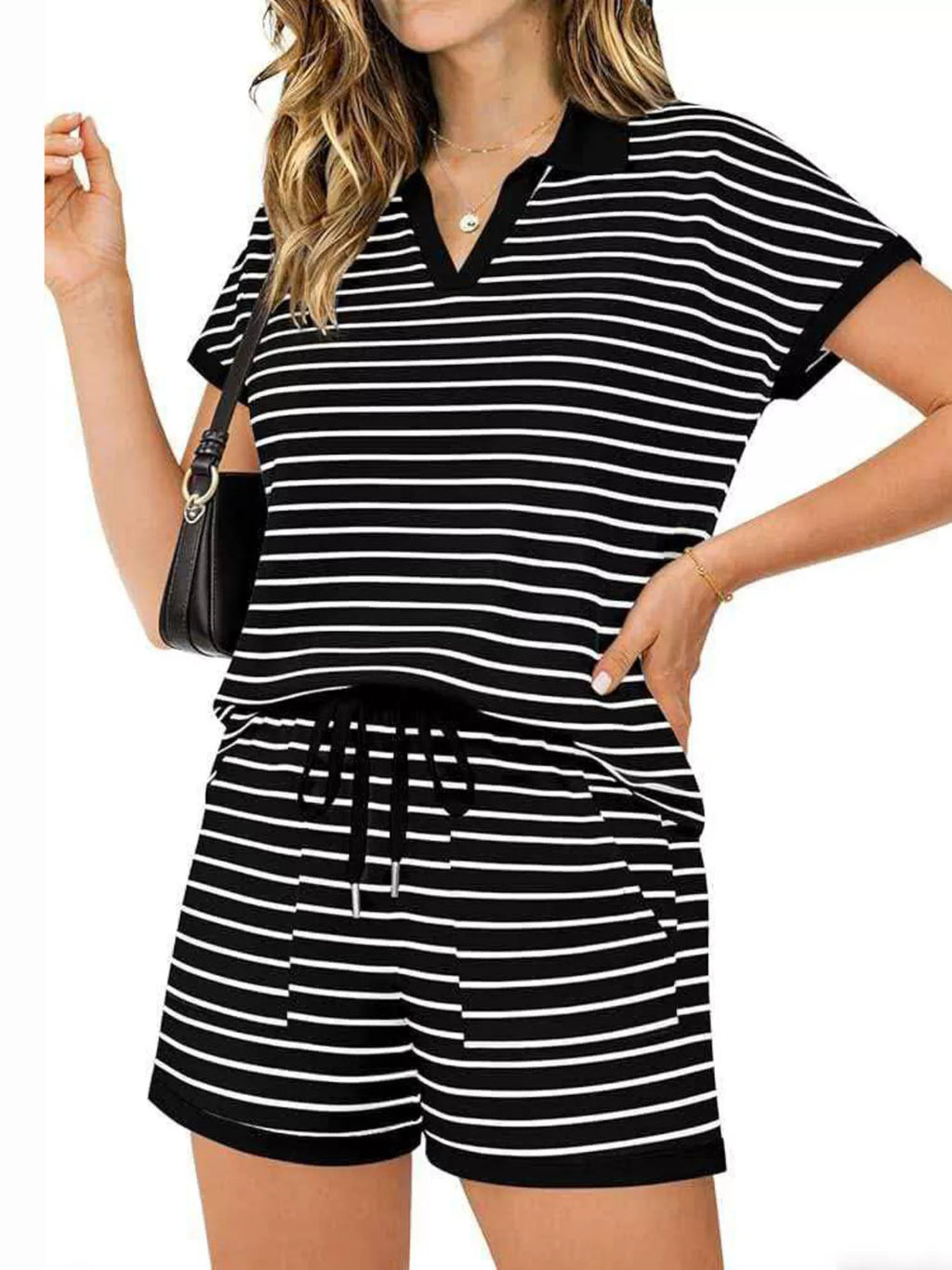 Striped Short Sleeve Polo Shorts Set (11)