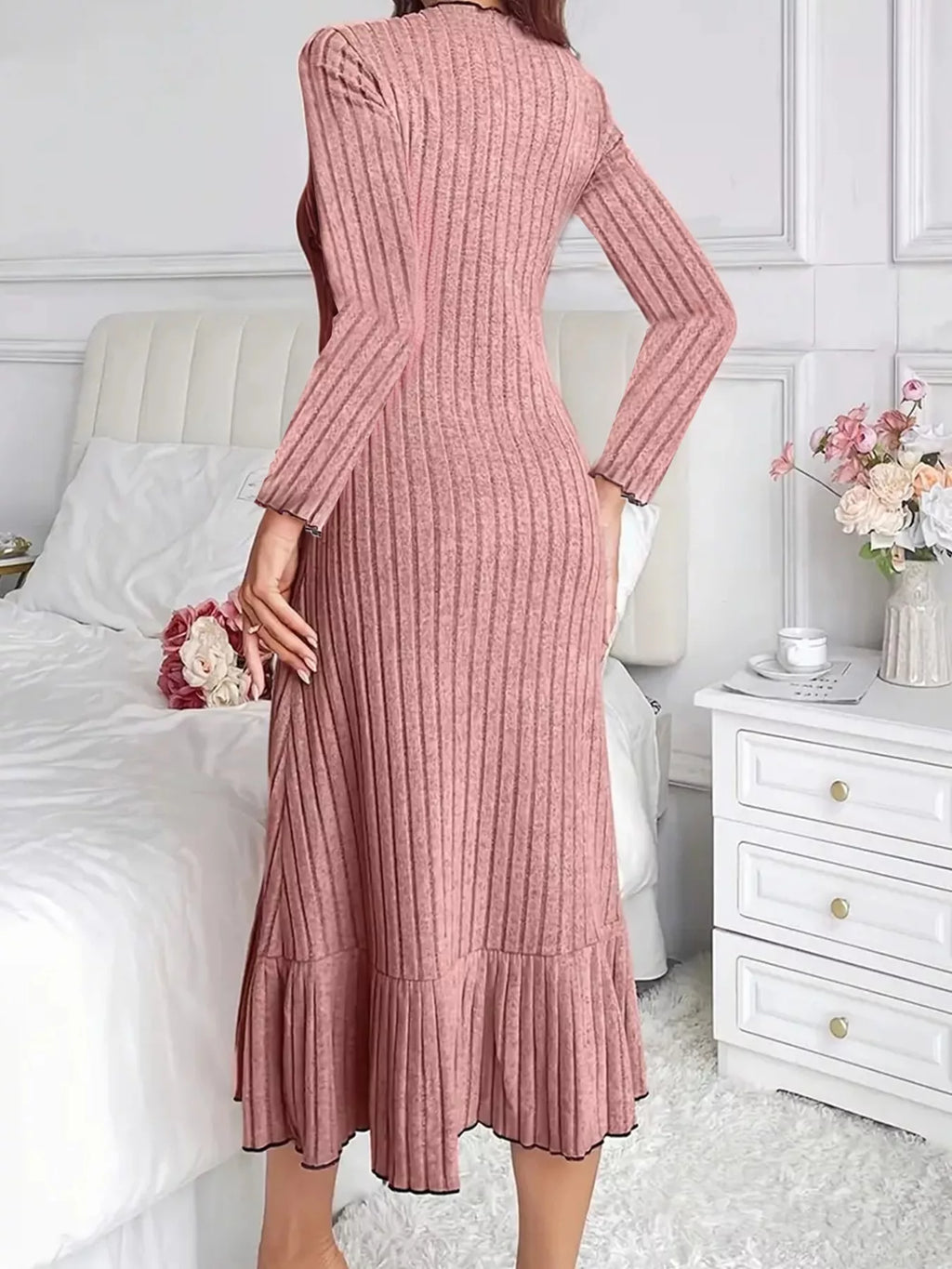Full Size Ribbed Knit Ruffle Hem Bodycon Dress Plus (5)