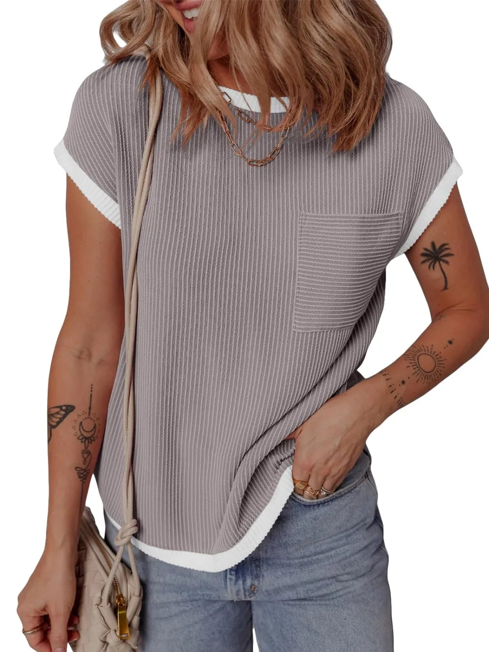 Contrast Trim Round Neck Short Sleeve T-shirt (22)