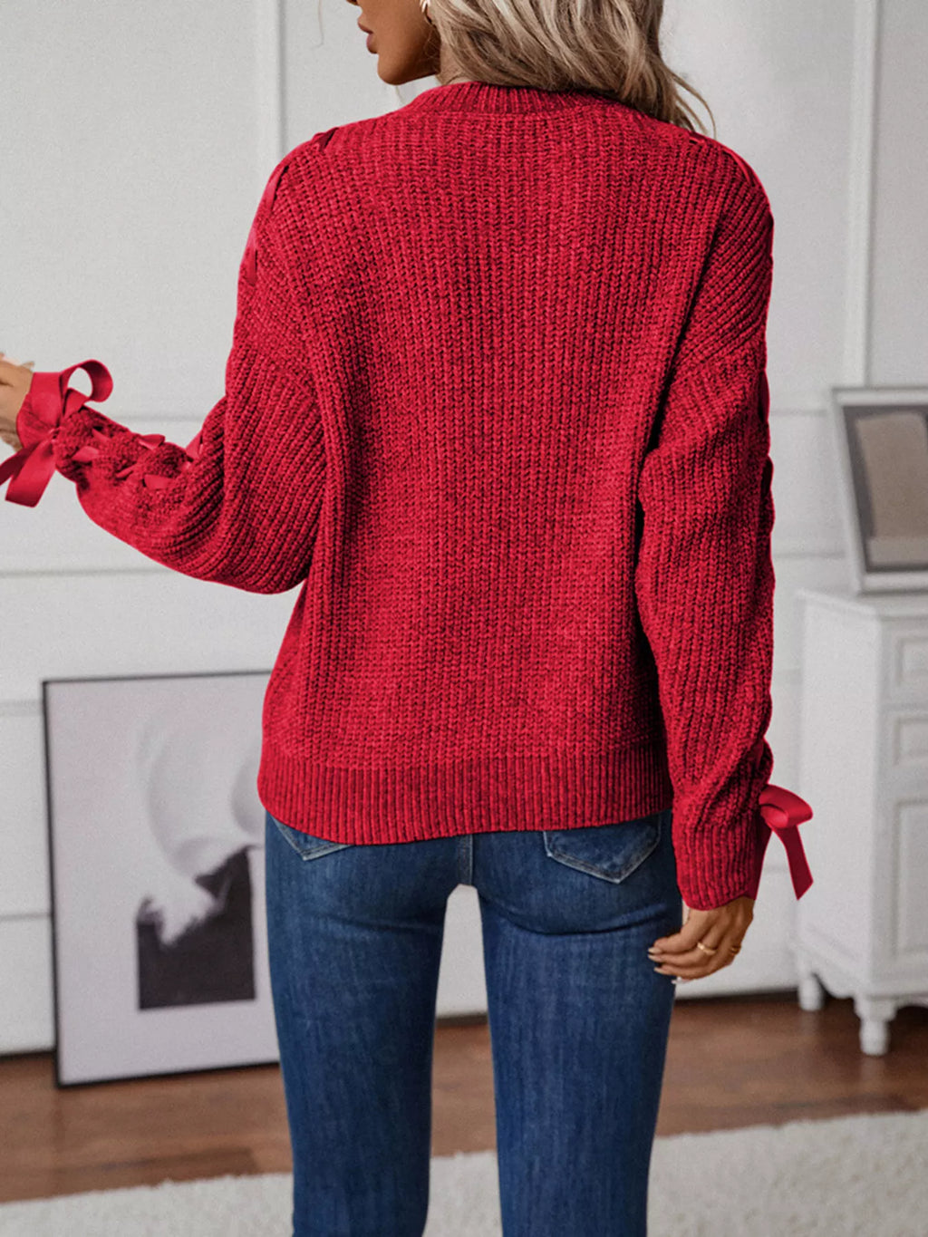 Ribbon-tie Sleeve Round Neck Sweater (7)