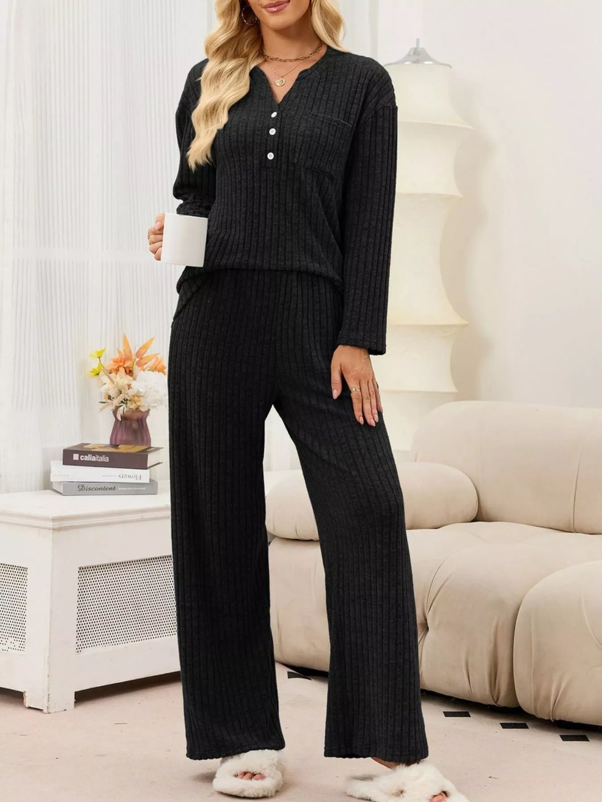 Ribbed Knit Top Wide-leg Pants Set (9)