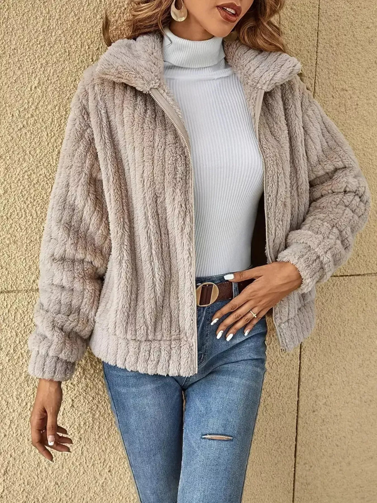 Full Size Faux Fur Zip-up Outerwear Plus (3)