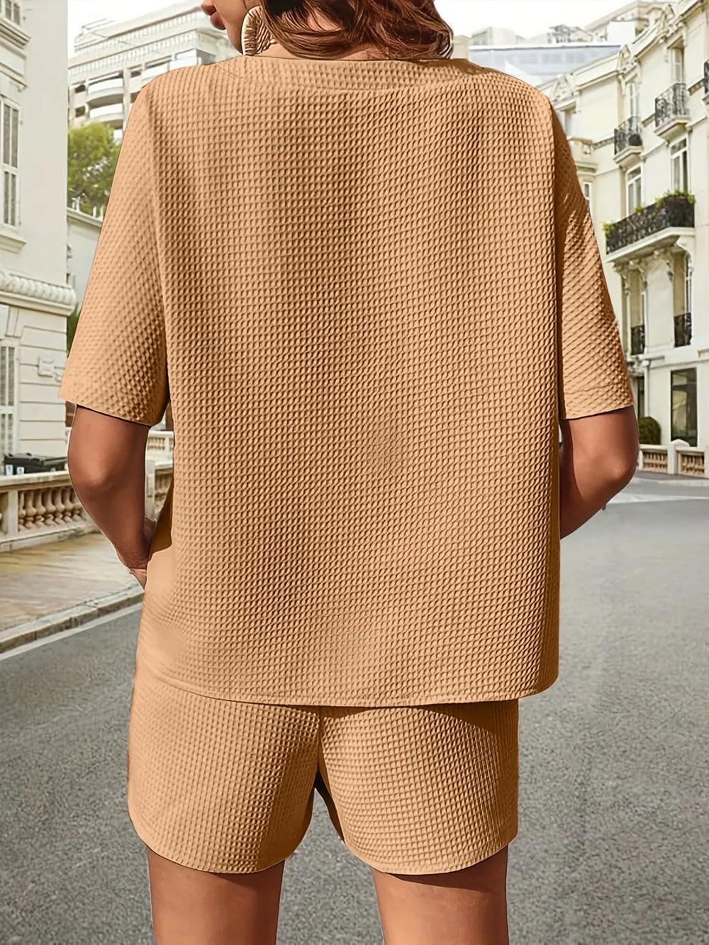 Waffle-knit Half Sleeve Top Shorts Set (7)