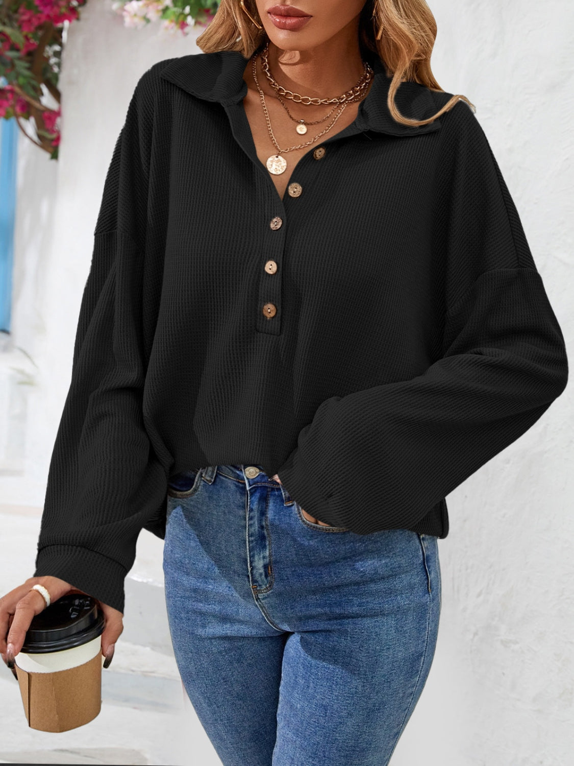 Half Button Collared Neck Long Sleeve Top (6)