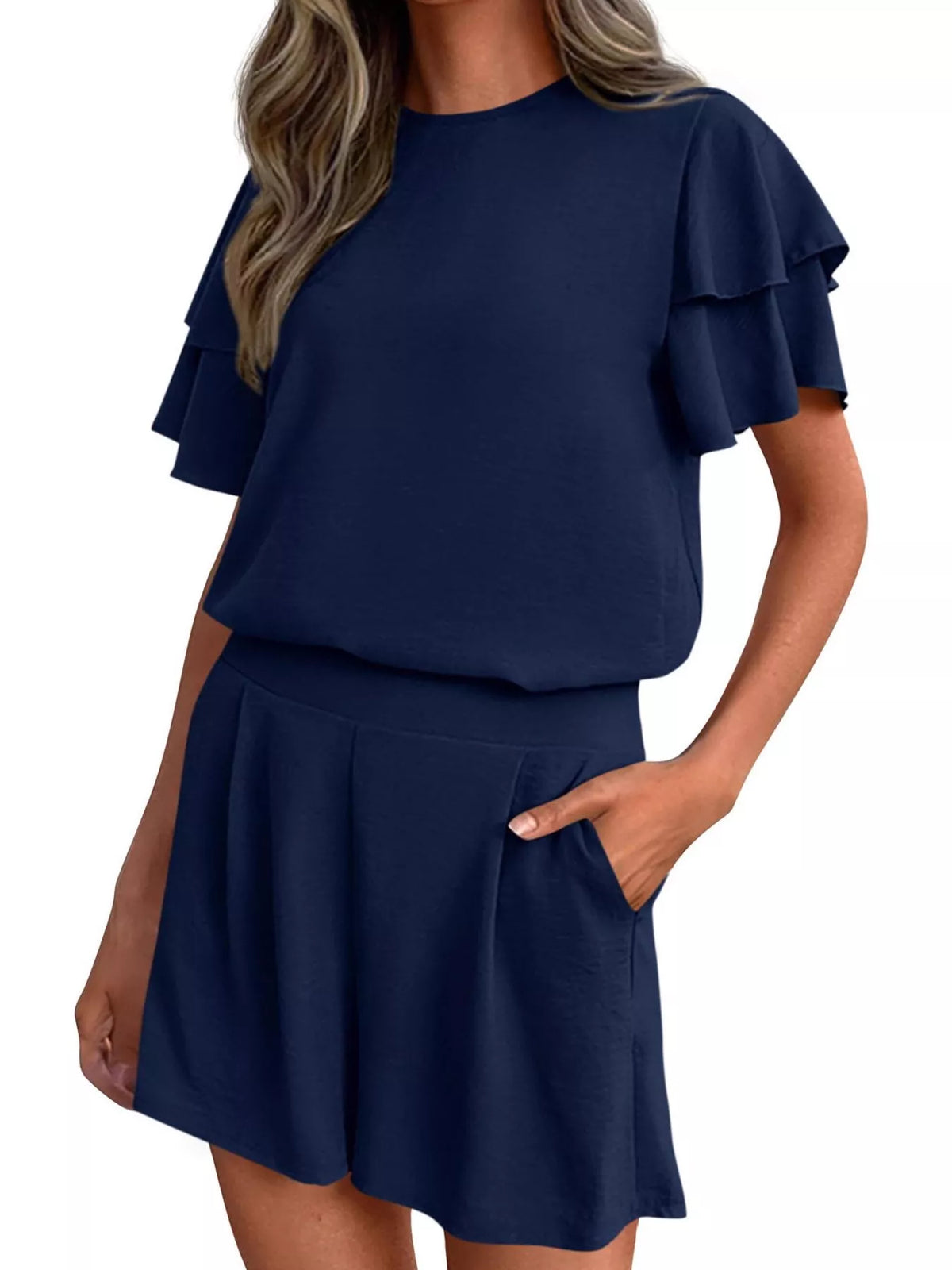 Ruffle Sleeve Top Shorts Two-piece Set (28)