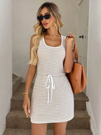 Striped Knitted Mini Dress Drawstring (23)