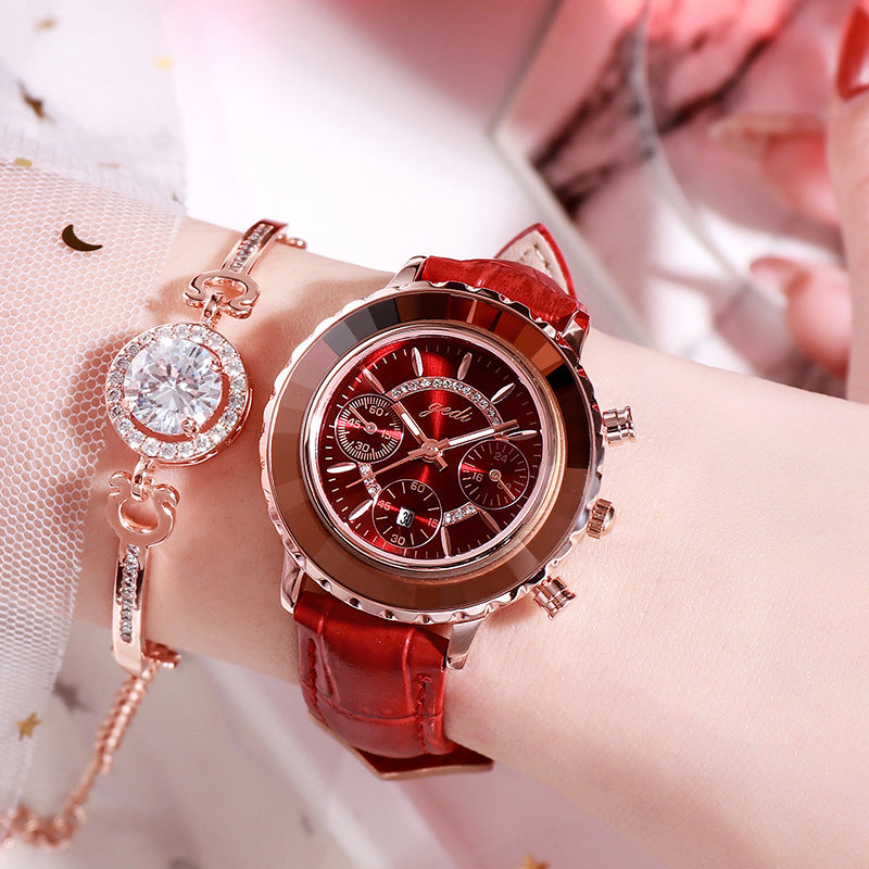 Green Leather Strap Belt Calendar Watch photo 7