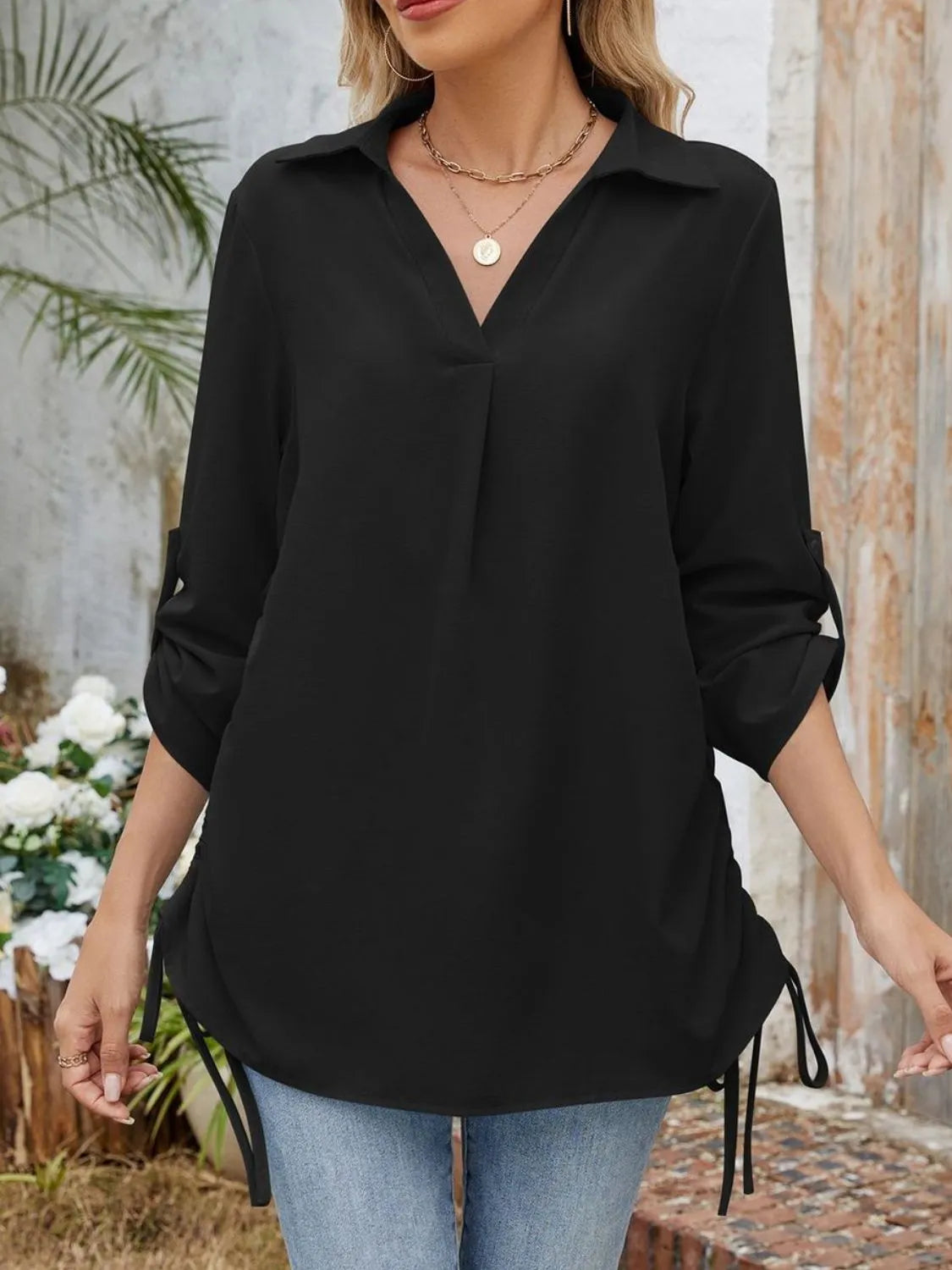Drawstring Johnny Collared Three-quarter Sleeve Top (16)