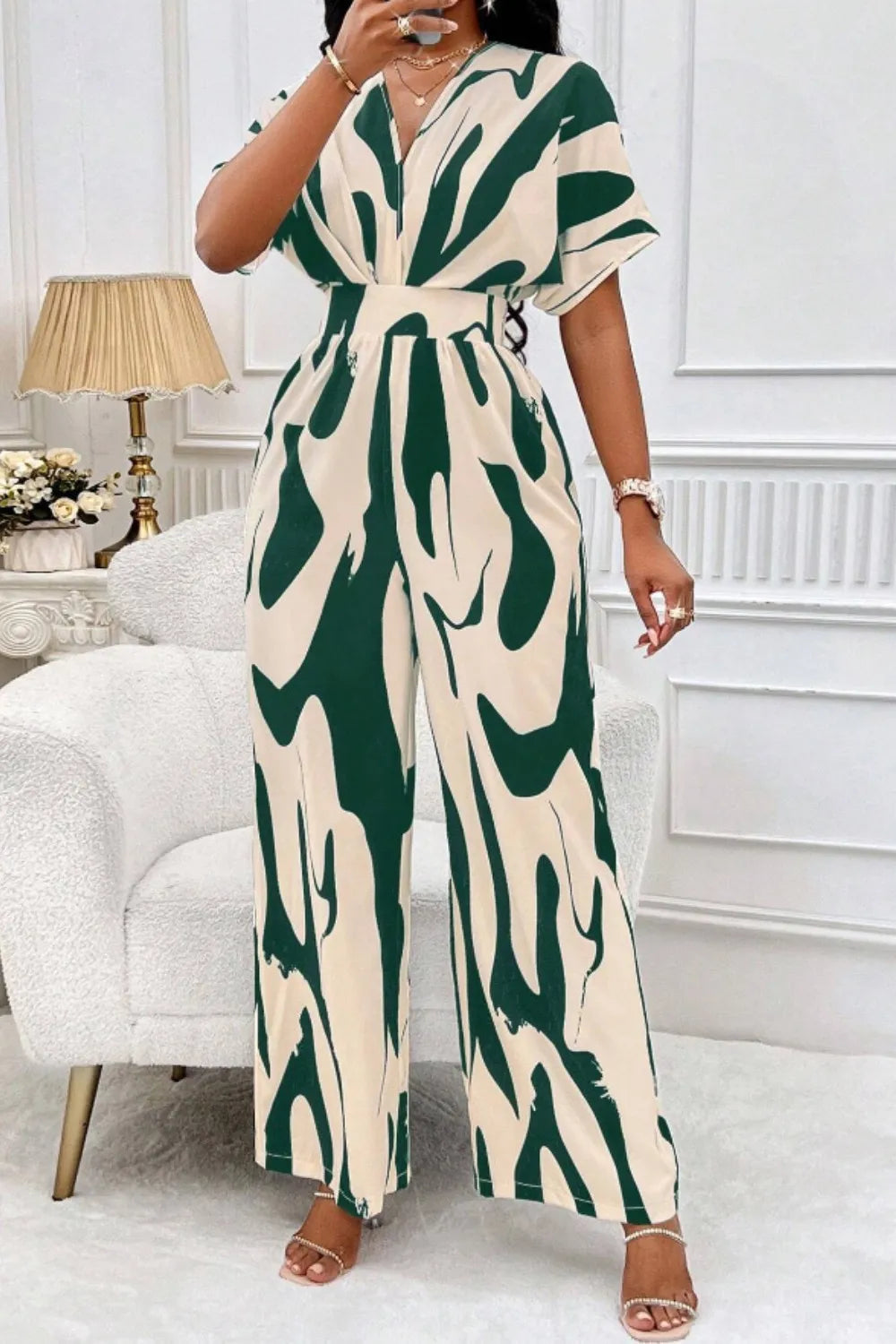 Printed V-neck Short Sleeve Wide Leg Jumpsuit (14)