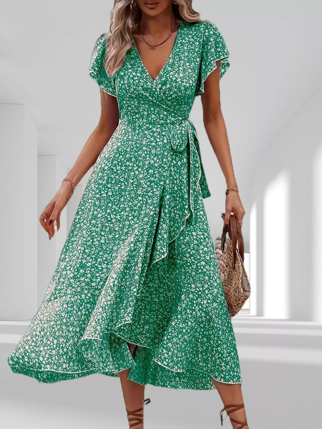 Floral Print Ruffle Hem Wrap Midi Dress (3)