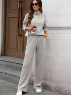 Ribbed Turtleneck Dropped Shoulder Top Pants Sweater Set (6)