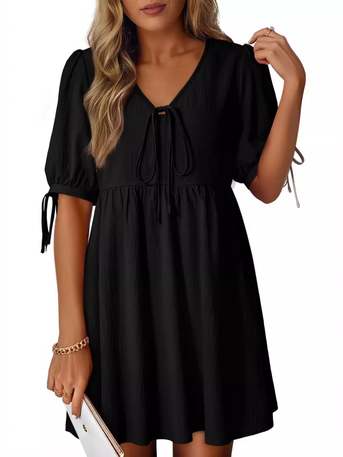 Tie-neck Puff Sleeve A-line Mini Dress (6)