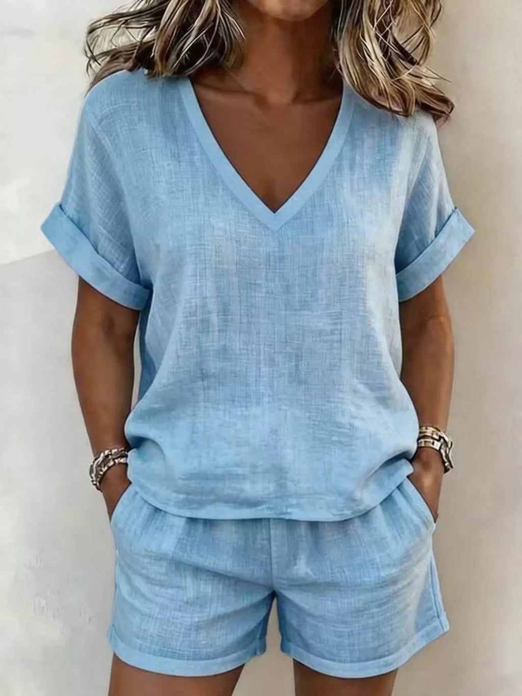 V-neck Linen Blend Short Sleeve Top Shorts Set