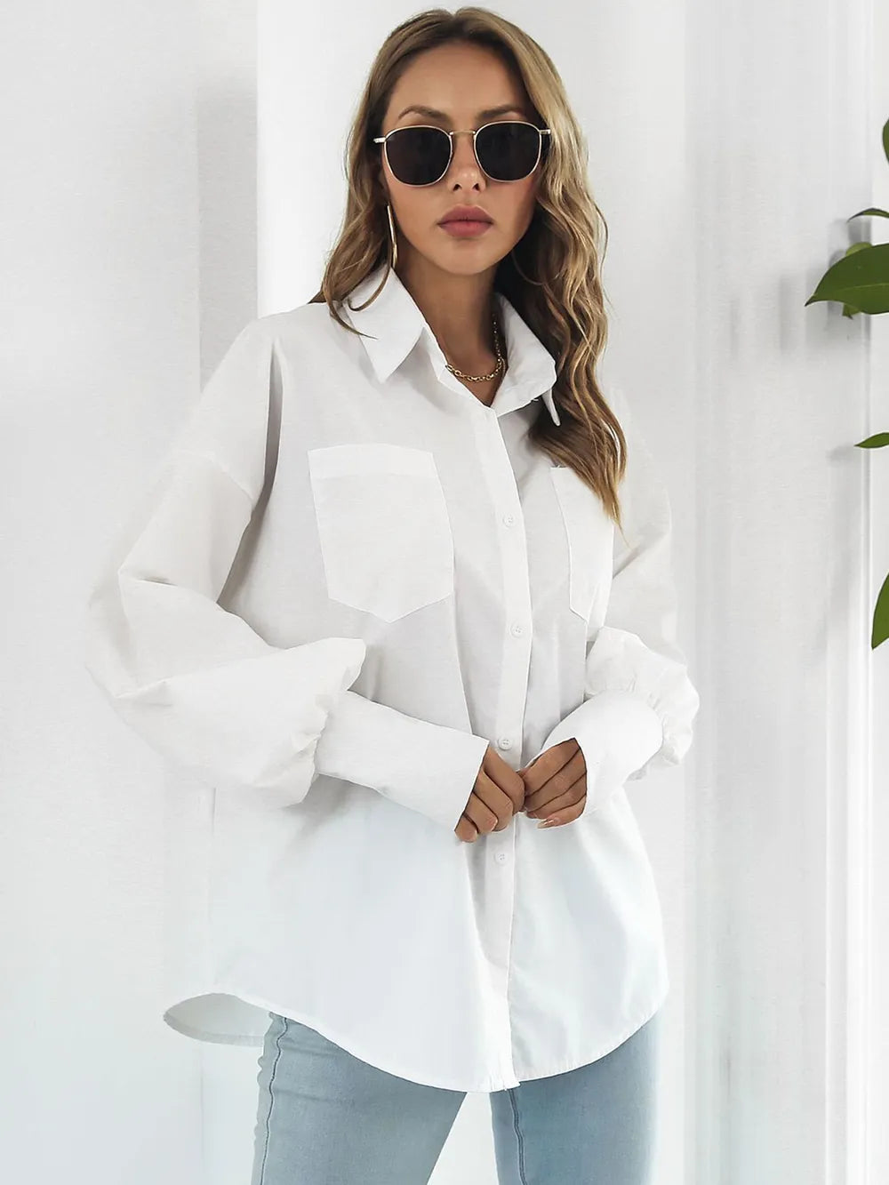 Button Up Dropped Shoulder Lantern Sleeve Shirt (7)