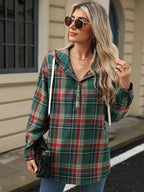 Drawstring Plaid Hooded Long Sleeve Top (6)