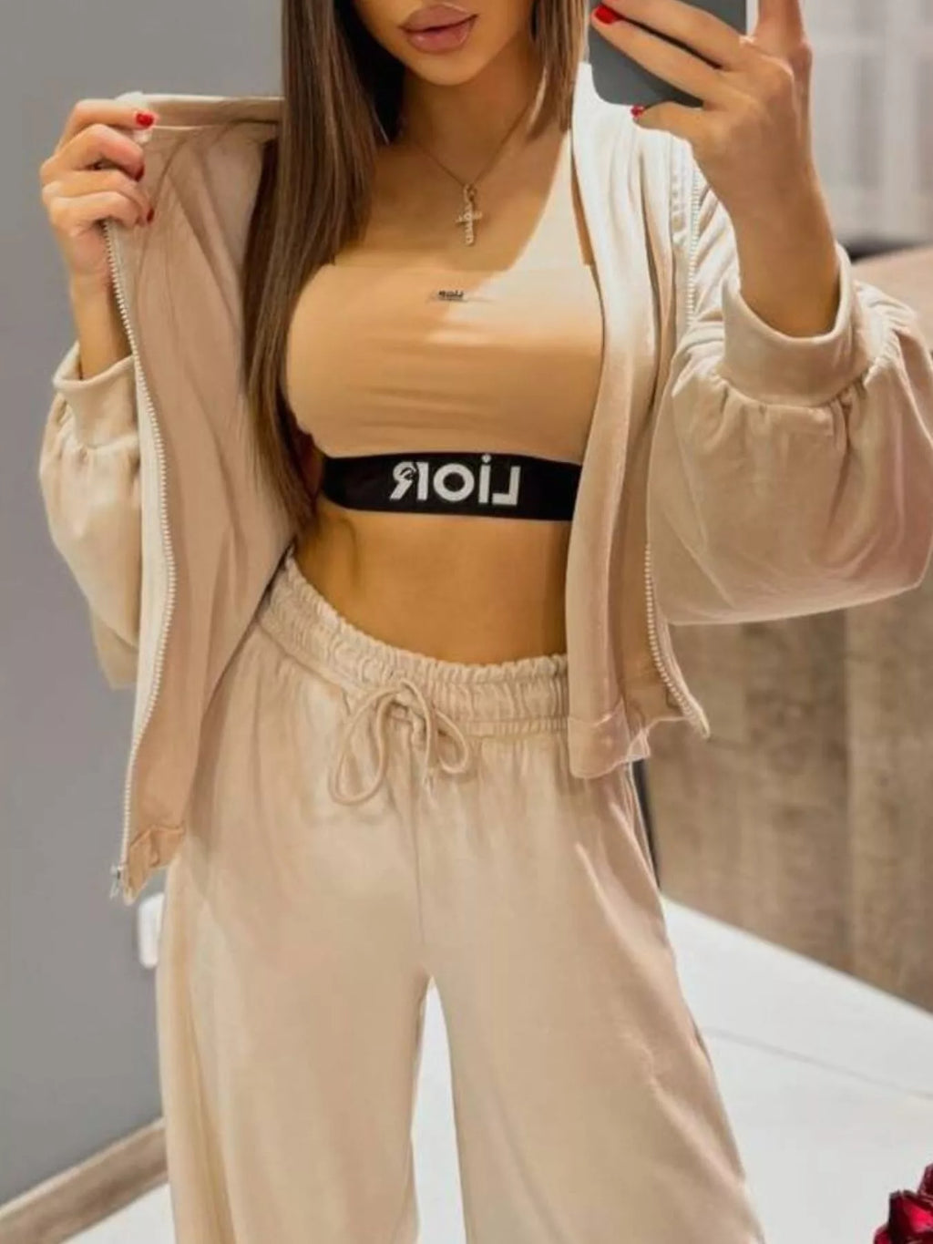 Zip Up Cropped Outerwear Pants Set (19)