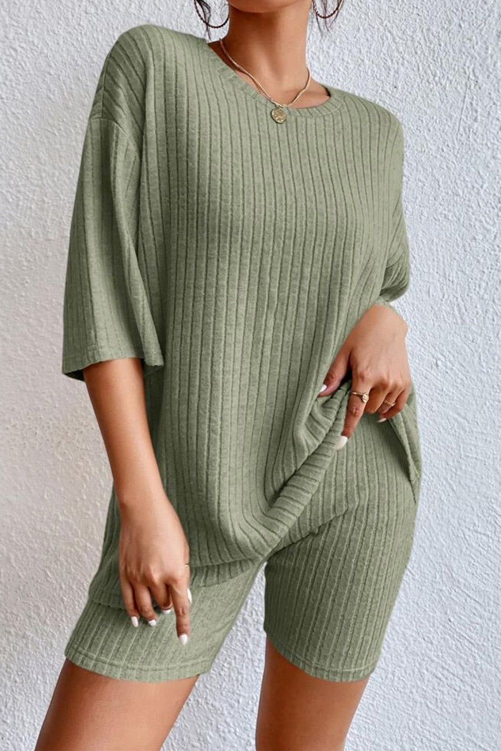 Round Neck Ribbed Top Shorts Lounge Set