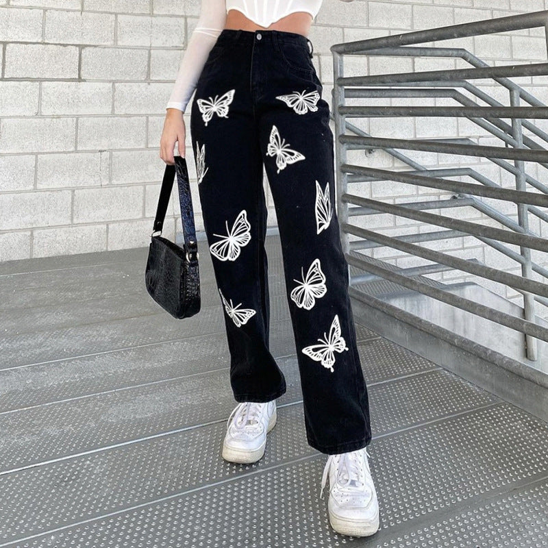 Butterfly Print High-waisted Straight-leg Jeans photo 2