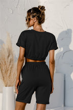 Short Sleeve Cropped Top Drawstring Shorts Lounge Set (2)
