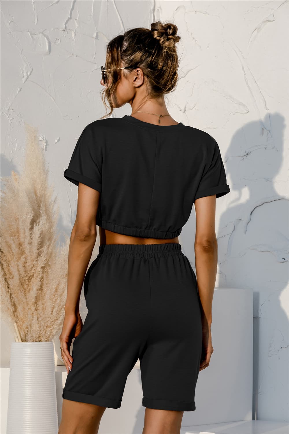 Short Sleeve Cropped Top Drawstring Shorts Lounge Set (2)