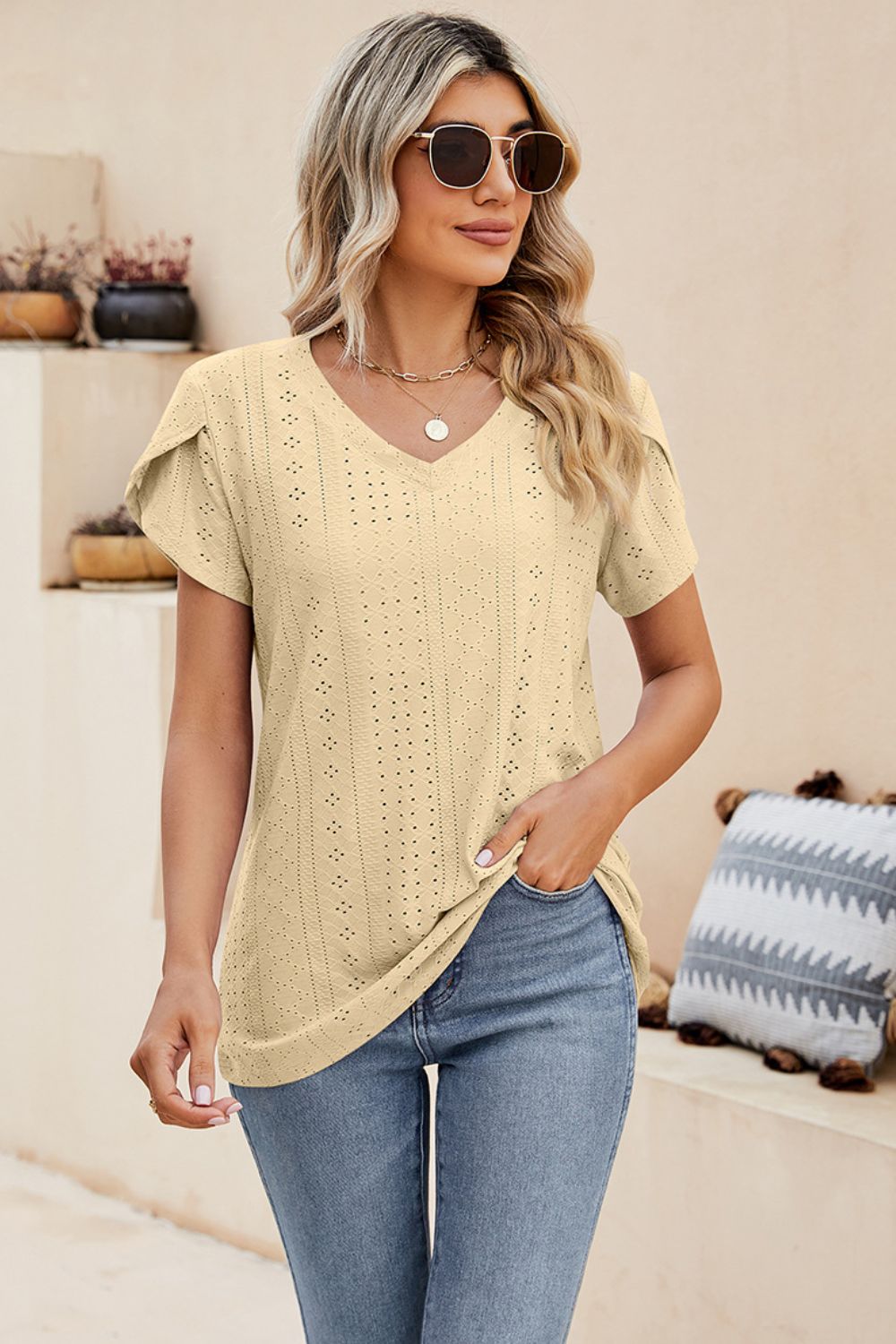 Eyelet Petal Sleeve V-neck Knit Top (10)