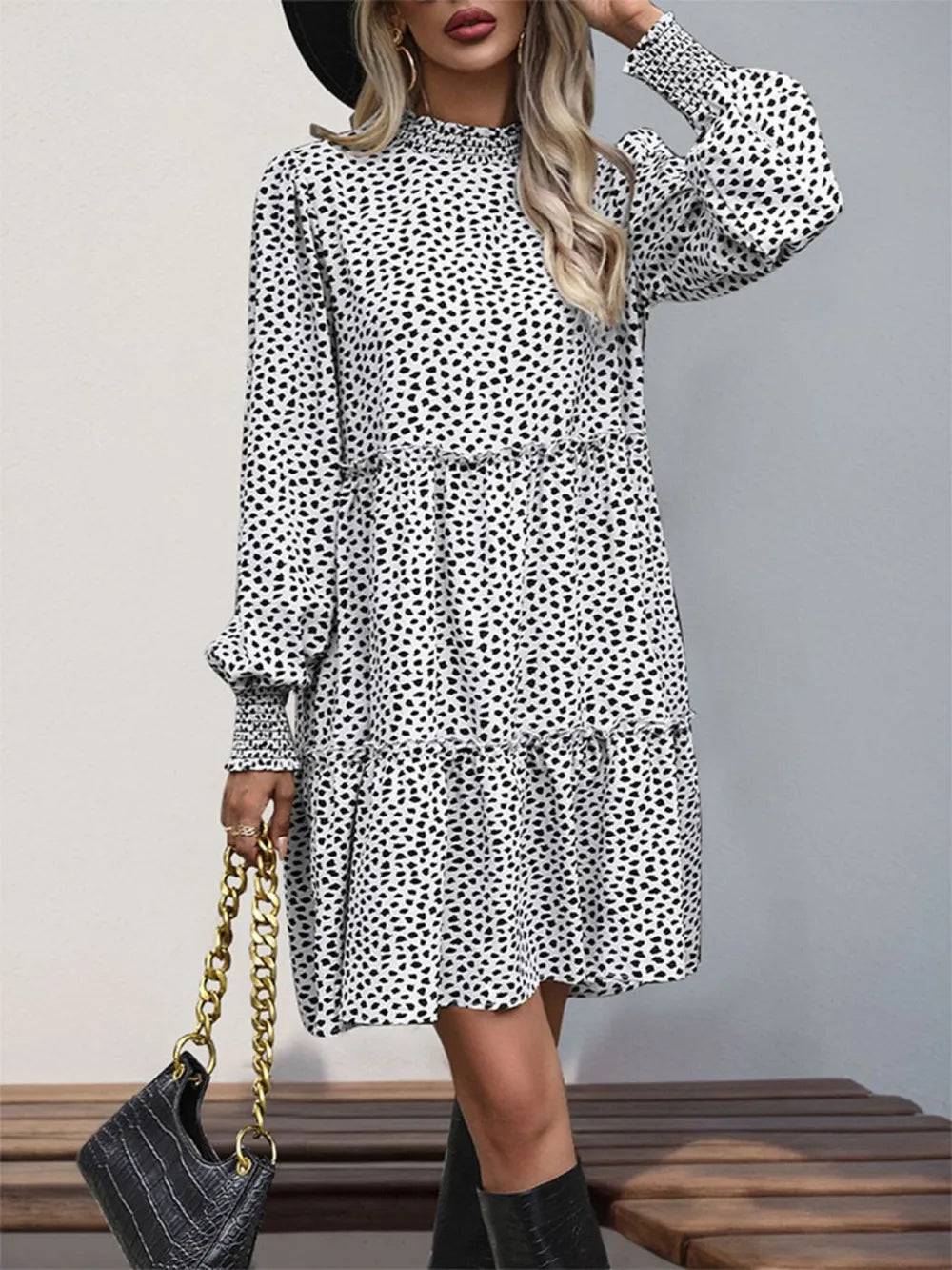 Frill Printed Mock Neck Long Sleeve Mini Dress (15)