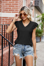 Eyelet Flutter Sleeve Scalloped V-neck Top (8)