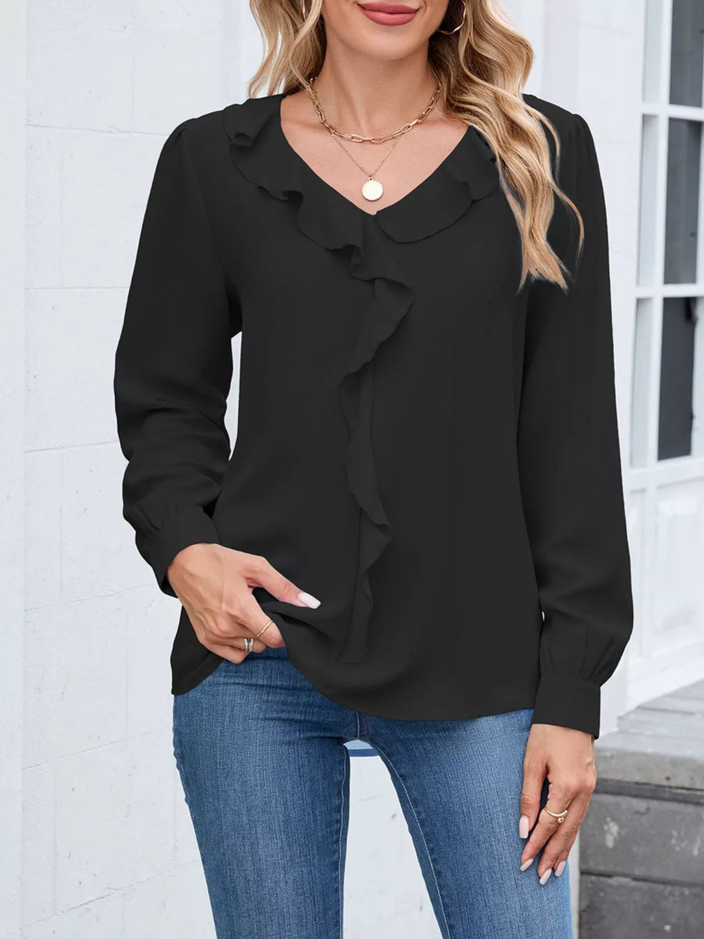 Ruffled V-neck Long Sleeve Blouse (11)
