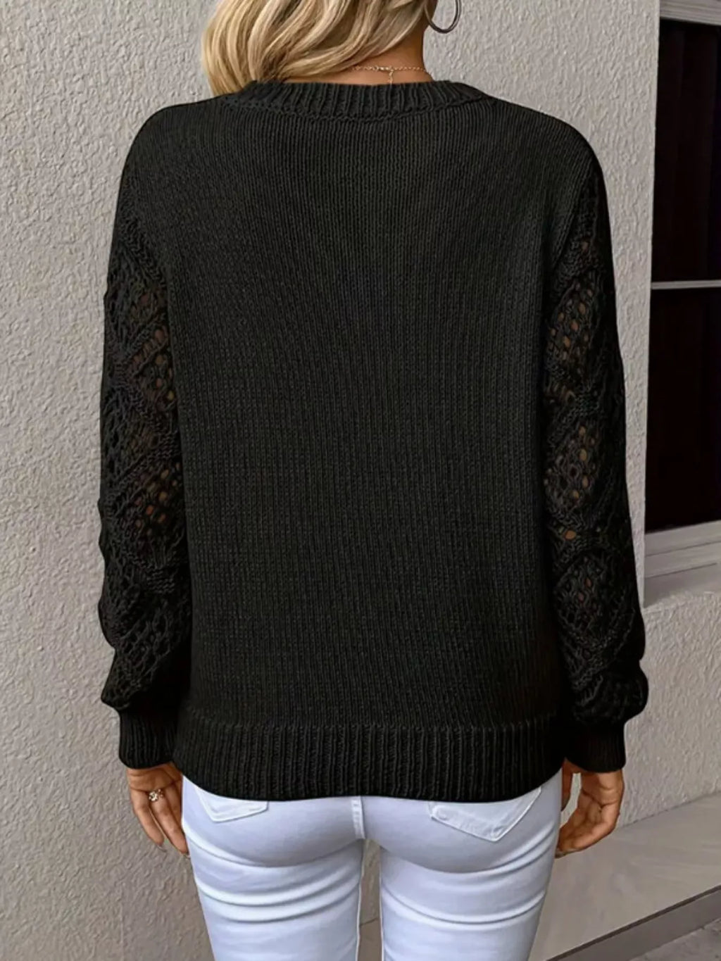 V-neck Crochet Sleeve Sweater (8)