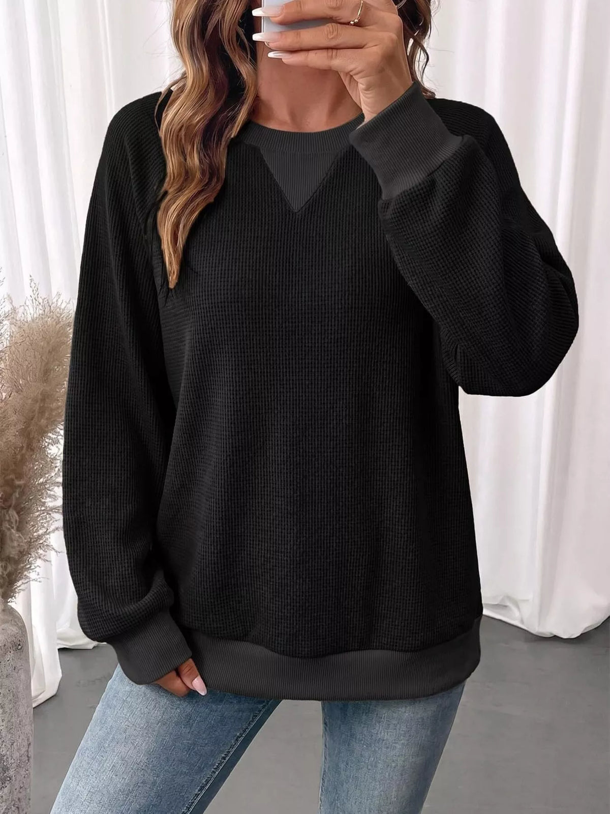 Waffle Knit Crew Neck Long Sleeve Sweatshirt (7)