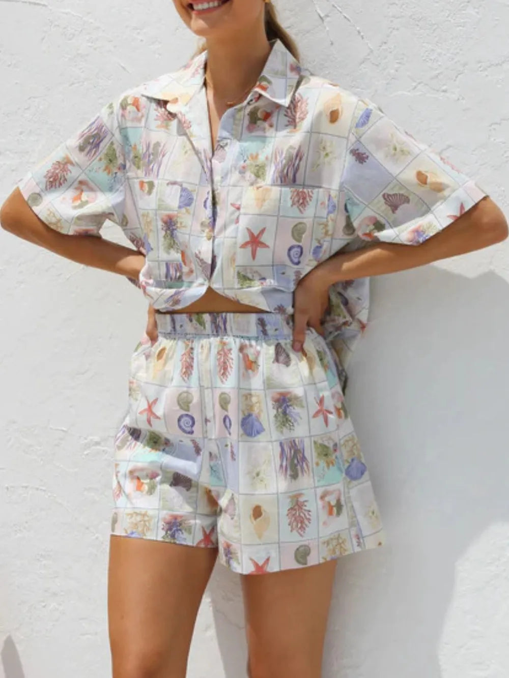 Printed Button Down Short Sleeve Top Shorts Set (5)