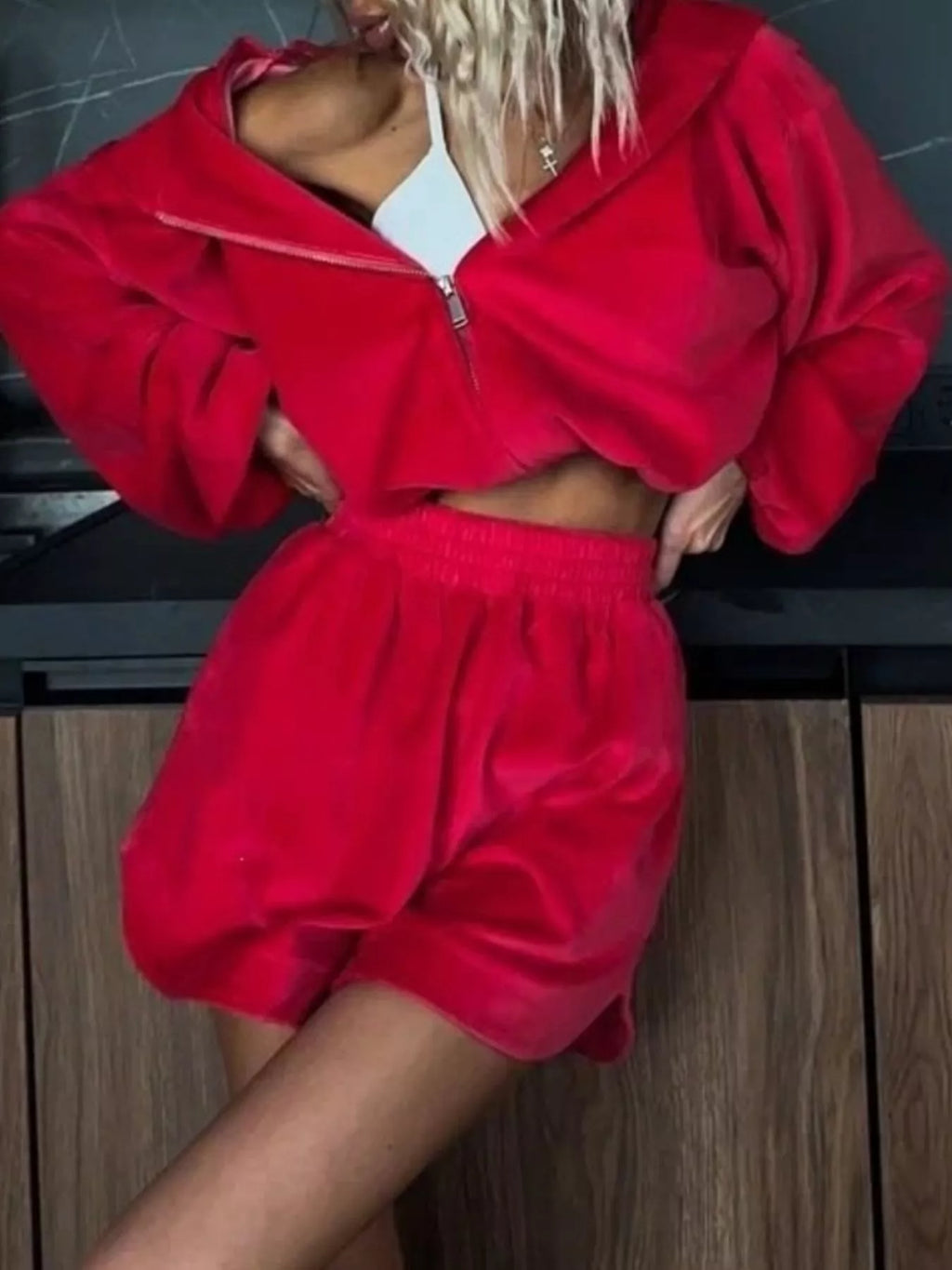 Zip Up Crop Hoodie Shorts Set (16)
